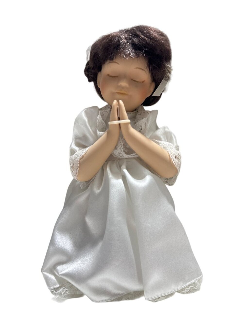 Porcelain Doll - Brunette Praying w/ Cross & White Dress (11 in) Decor